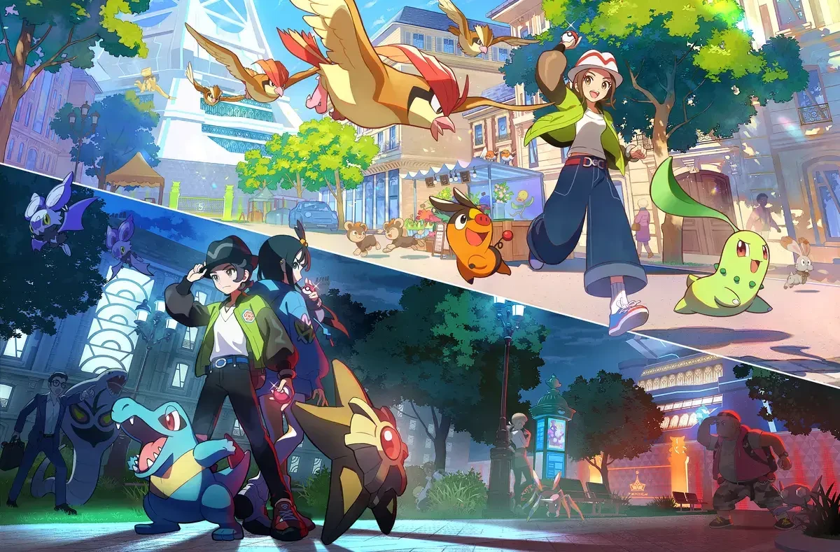 Pokémon Legends Z-A Key Art: Trainer in urbaner Illumina City mit Starter-Pokémon, Tauboga fliegt über Pariser Architektur mit Grünflächen