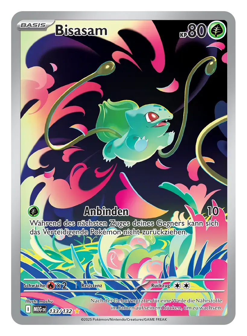 Pokémon TCG Karte: Bisasam Basis-Pokémon mit 80 KP, Pflanzen-Typ, bunte Illustration, Attacke Anbinden (133/132)