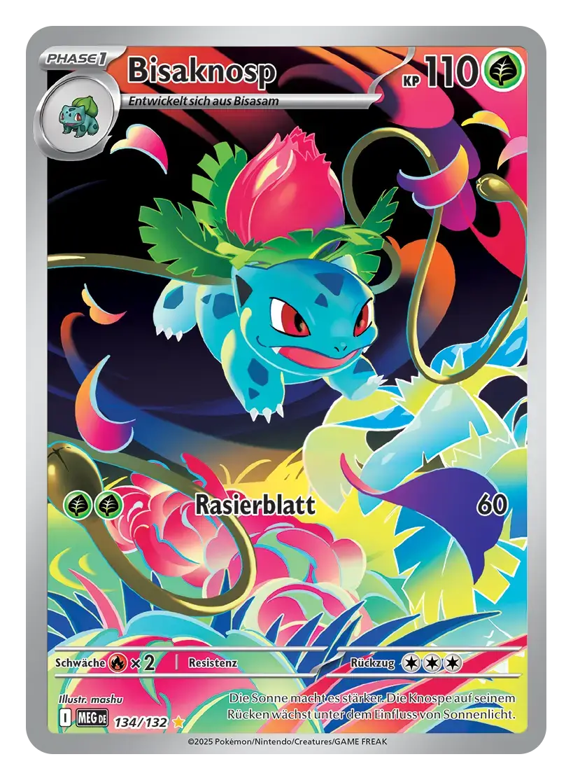 Pokémon TCG Karte Bisaknosp (Phase 1, 110 KP, Pflanzen-Typ), entwickelt sich aus Bisasam, Kartennummer 134/132