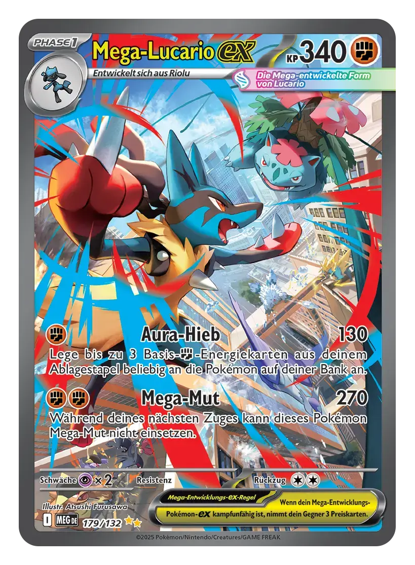 Pokémon TCG Mega-Lucario-ex (340 KP, Kampf-Typ), Phase 1, entwickelt sich aus Riolu, Kartennummer 179/132