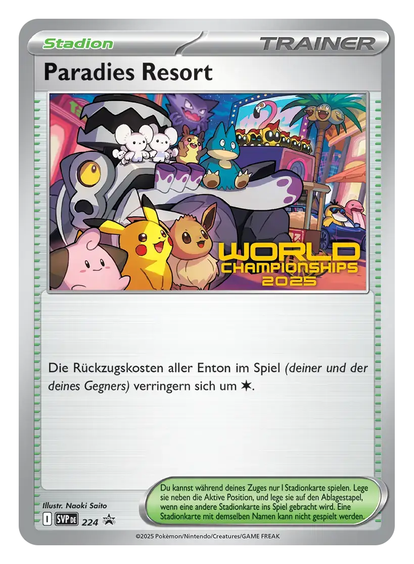 Pokémon TCG Stadion-Trainerkarte Paradies Resort, World Championships 2025 Promokarte mit verschiedenen Pokémon