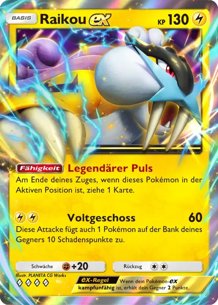 Raikou ex Sammelkarte mit 130 KP, Elektro-Typ, legendäres Pokémon mit Blitzen umgeben