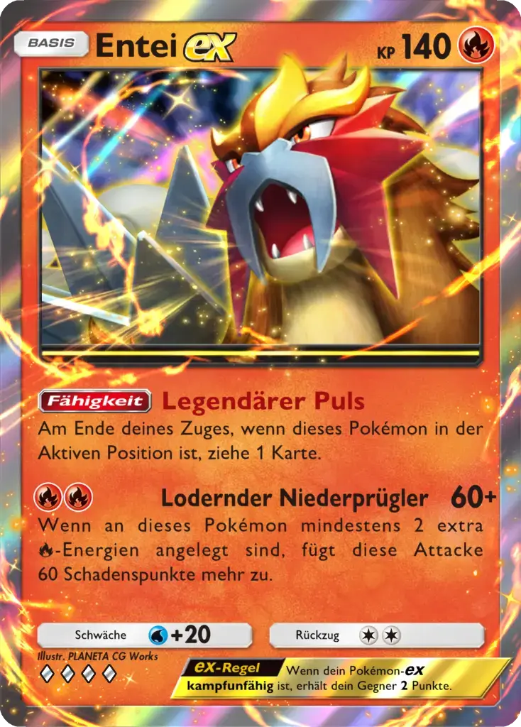 Entei ex Sammelkarte mit 140 KP, Feuer-Typ, zeigt brüllendes legendäres Pokémon in dynamischer Pose