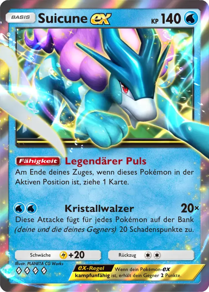 Suicune ex Sammelkarte mit 140 KP, Wasser-Typ, majestätisches legendäres Pokémon in kraftvoller Darstellung