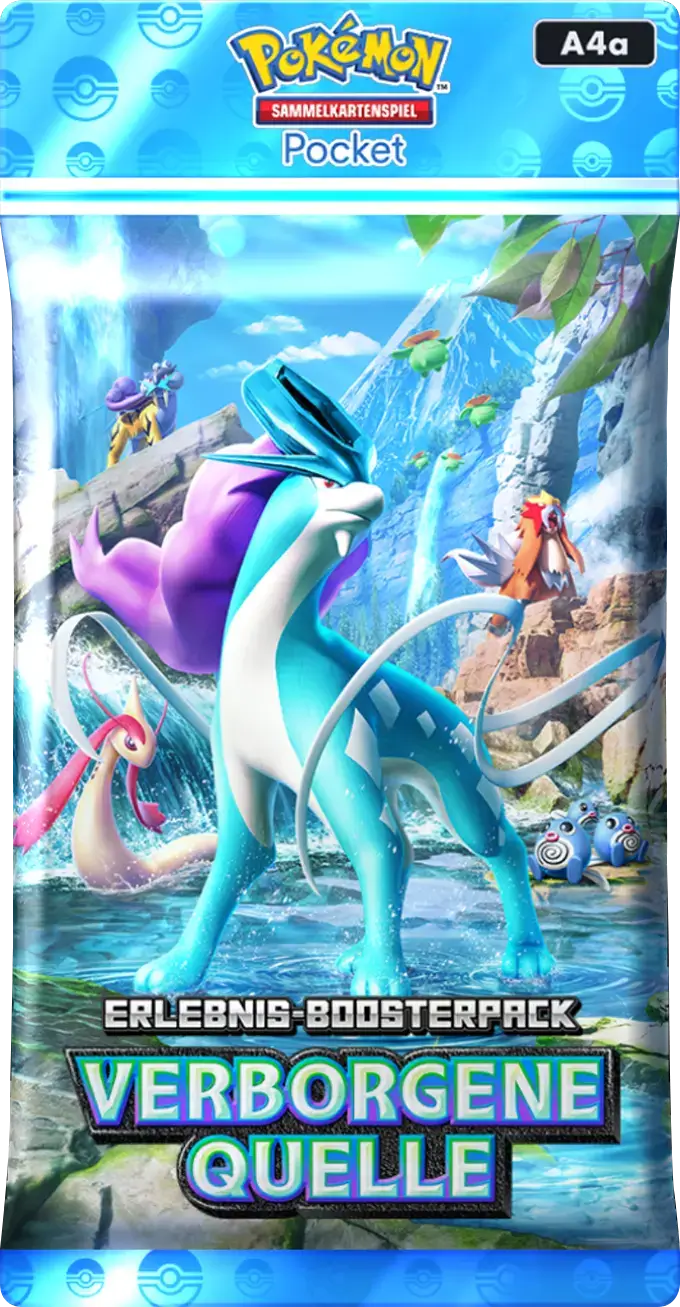 Verborgene Quelle Boosterpack mit Suicune vor Wasserfall-Szenerie, umgeben von weiteren Wasser-Pokémon