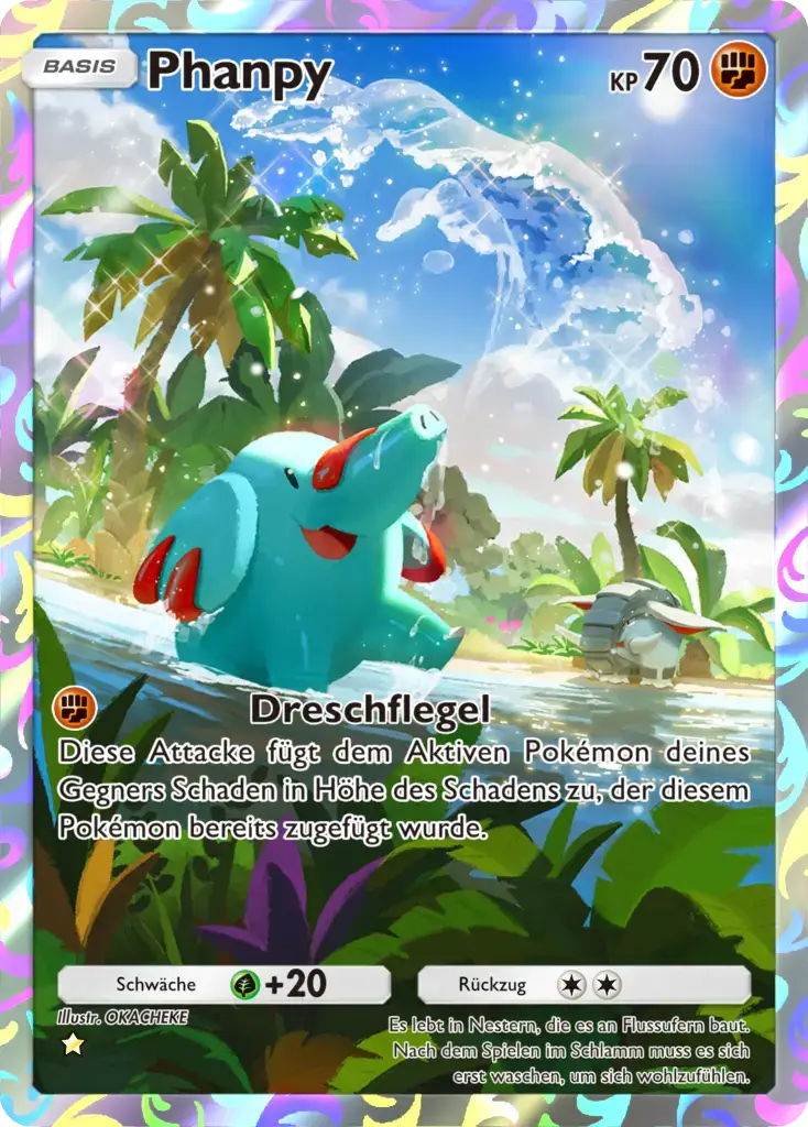 Phanpy Sammelkarte mit 70 KP, Kampf-Typ, zeigt fröhliches Elefanten-Pokémon an tropischem Strand