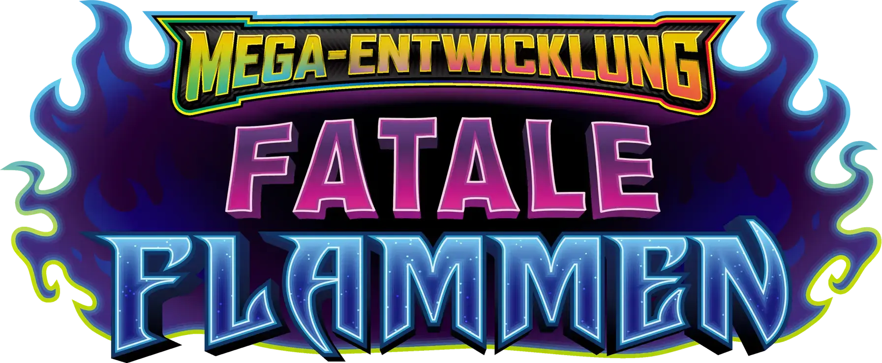 Mega-Entwicklung Fatale Flammen Logo mit flammenartigen Verzierungen in Regenbogenfarben