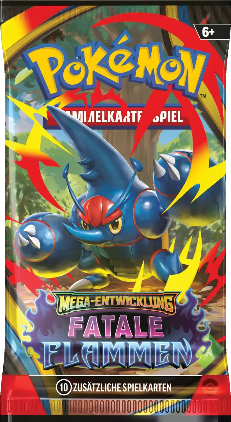 Fatale Flammen Boosterpack mit Mega-Heracross in kampfbereiter Pose, umgeben von gelben und roten Energieblitzen