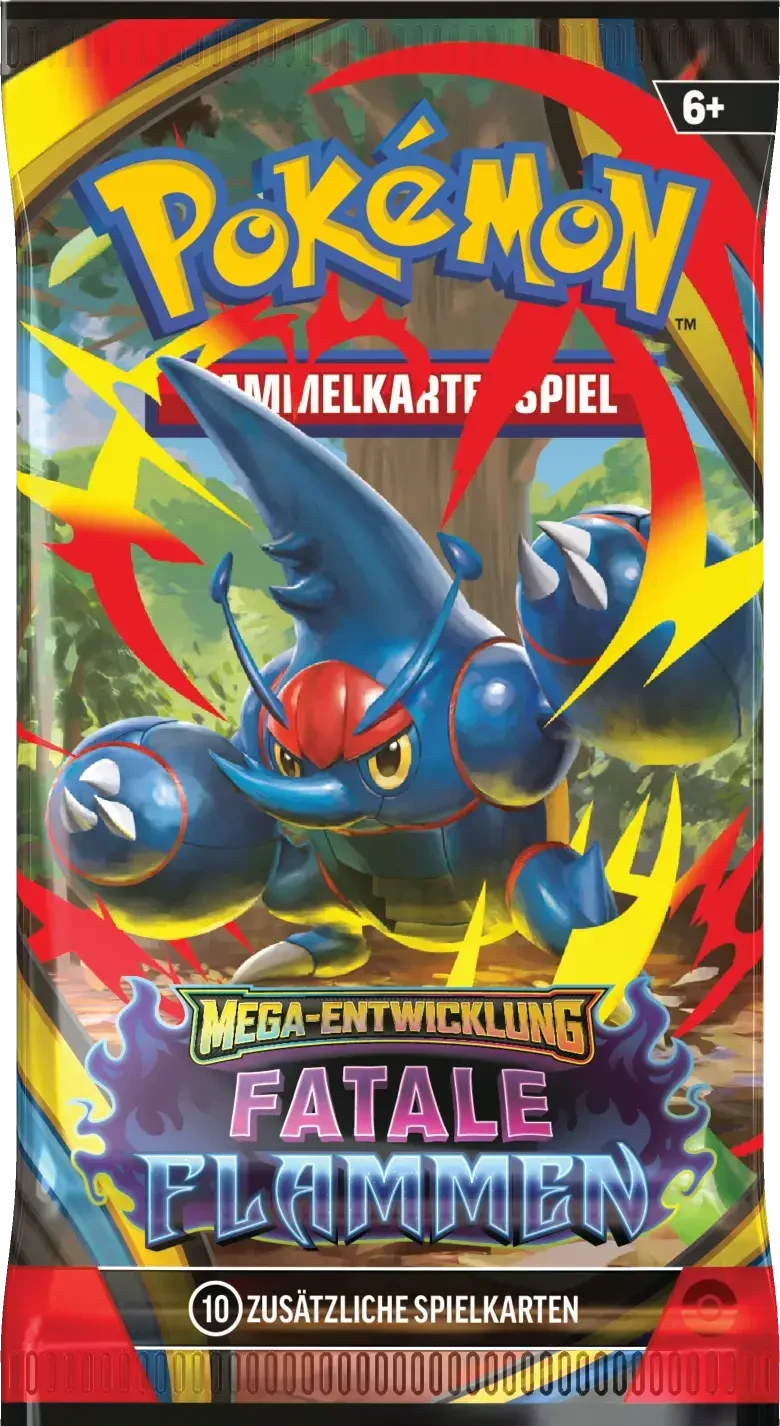 Fatale Flammen Boosterpack mit Mega-Heracross in kampfbereiter Pose, umgeben von gelben und roten Energieblitzen