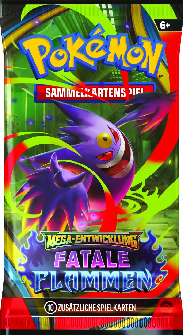 Fatale Flammen Boosterpack mit Mega-Gengar in violetter Finsternis-Form vor grünem Hintergrund