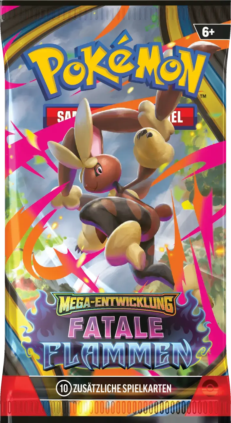 Fatale Flammen Boosterpack mit Mega-Lopunny in dynamischer Kampfpose, umgeben von pinken und orangen Blitzen