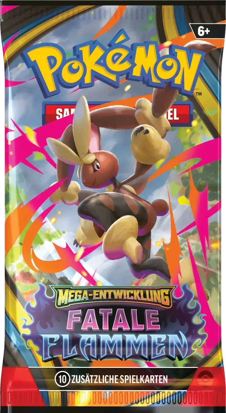 Fatale Flammen Boosterpack mit Mega-Lopunny in dynamischer Kampfpose, umgeben von pinken und orangen Blitzen