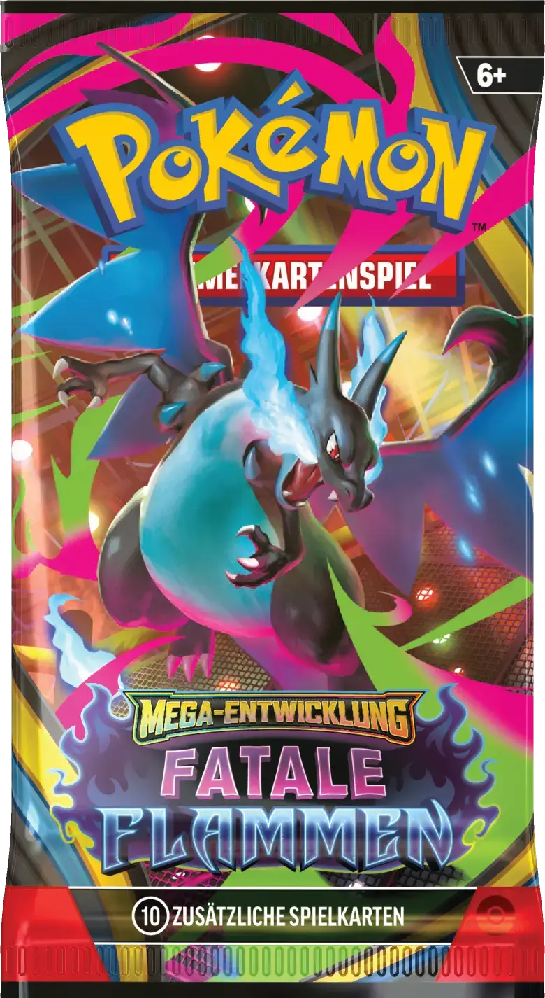 Fatale Flammen Boosterpack mit Mega-Glurak X in blau-schwarzer Form, umgeben von pinken Flammen
