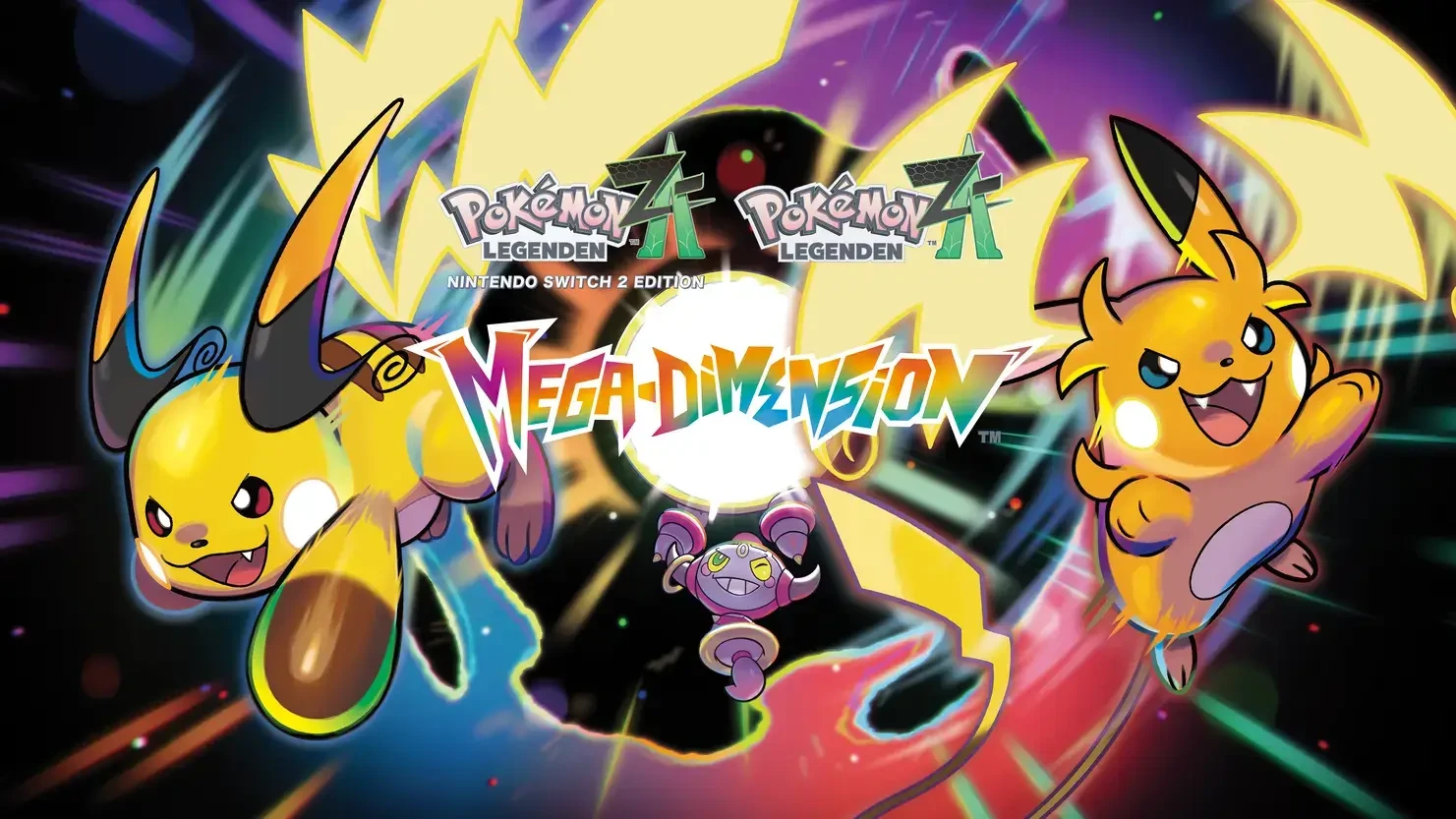 Pokémon-Legenden Z-A Mega-Dimension Artwork mit Mega-Raichu X, Mega-Raichu Y und Hoopa vor energiegeladenem Hintergrund