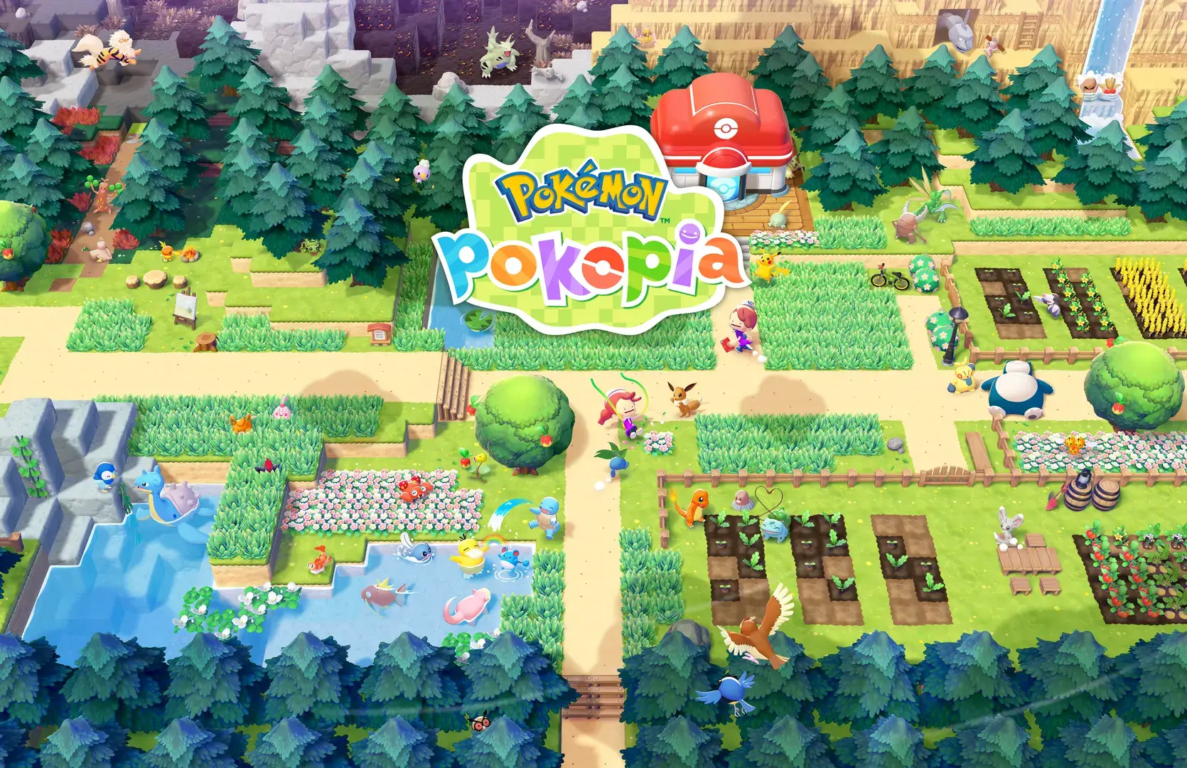 Pokémon Pokopia Spielszene: Idyllische Farm mit Pokémon, Gemüsefeldern, Teich und Pokéball-förmigem Haus in bunter 3D-Grafik