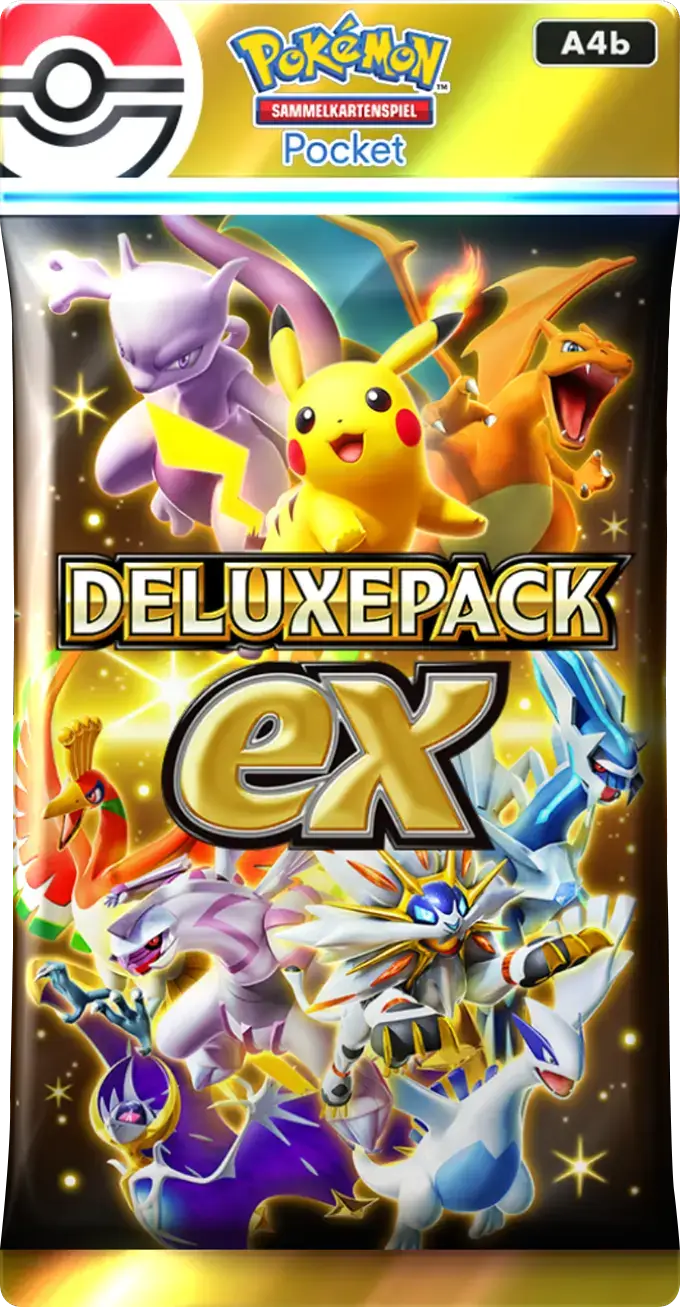 Deluxepack ex Boosterpack mit Pikachu, Mewtu und verschiedenen Pokémon-ex auf goldenem Hintergrund