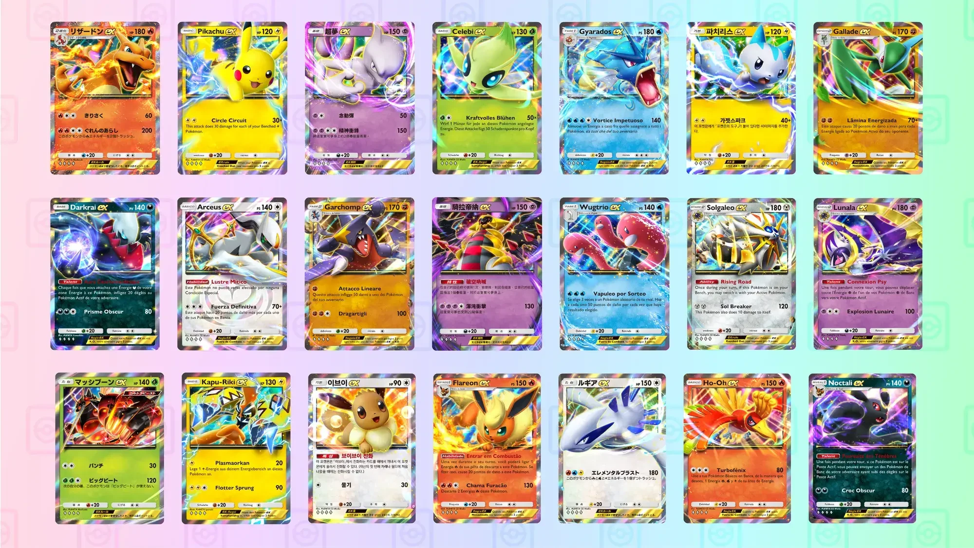 Sammlung von 21 verschiedenen Pokémon-ex-Karten in mehreren Sprachen auf Verlaufshintergrund