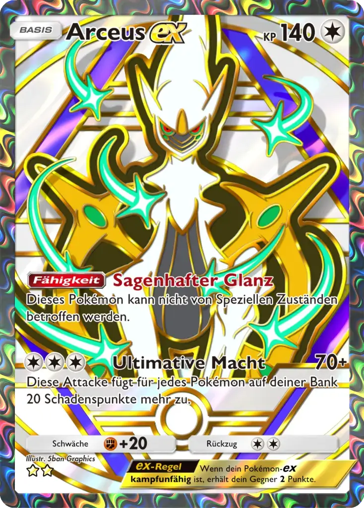 Arceus ex Sammelkarte mit 140 KP, Farblos-Typ, in goldenem Design mit Regenbogen-Holografie-Rahmen