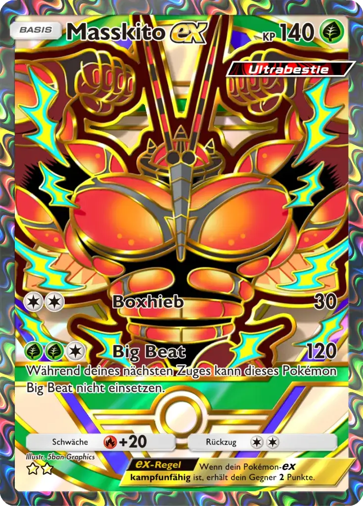 Masskito ex Sammelkarte mit 140 KP, Kampf-Typ, zeigt muskulöses Pokémon mit Regenbogen-Holografie