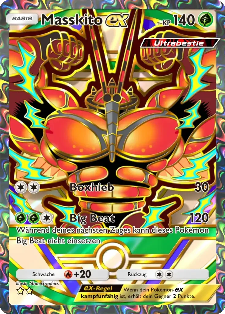 Masskito ex Sammelkarte mit 140 KP, Kampf-Typ, zeigt muskulöses Pokémon mit Regenbogen-Holografie