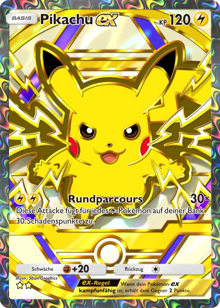Pikachu ex Sammelkarte mit 120 KP, Elektro-Typ, in goldener Energie-Pose mit Blitzen und Holografie