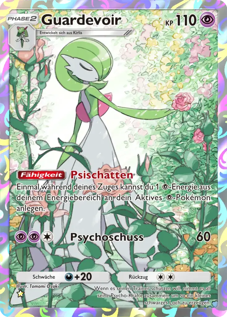Guardevoir Sammelkarte Phase 2 mit 110 KP, Psycho-Typ, in Rosengarten-Szenerie mit Holografie-Rahmen