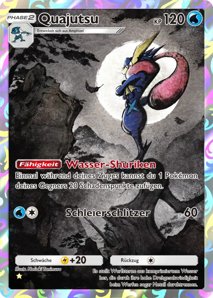 Quajutsu Sammelkarte Phase 2 mit 120 KP, Wasser-Typ, vor Vollmond in schwarz-weißer Aquarell-Optik