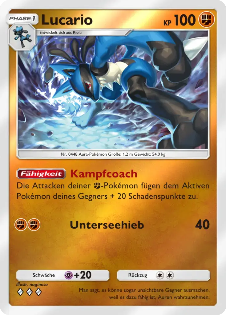 Lucario Sammelkarte Phase 1 mit 100 KP, Kampf-Typ, zeigt Aura-Pokémon in dynamischer Action-Pose