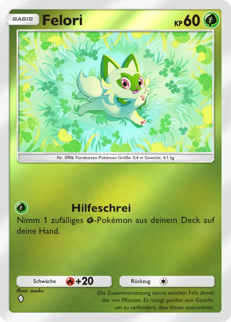 Felori Sammelkarte mit 60 KP, Pflanzen-Typ, fröhliches Katzen-Pokémon in grüner Blumenwiese