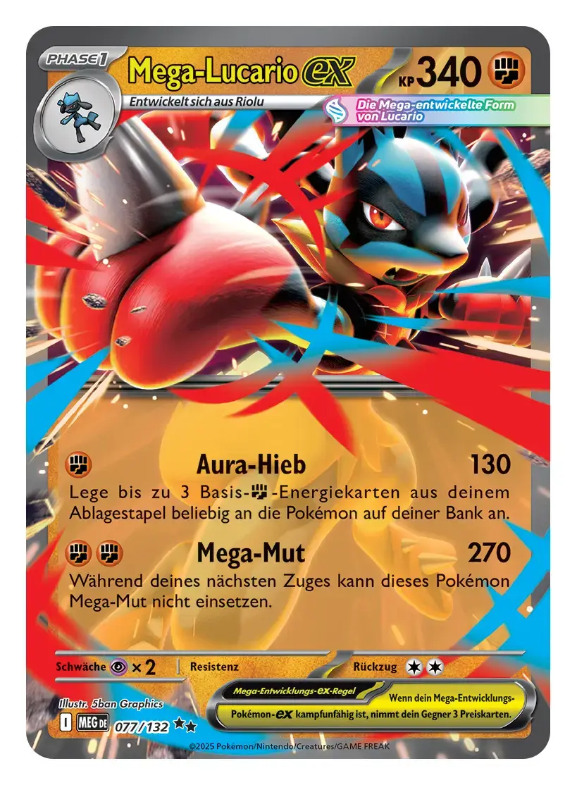 Mega-Lucario ex Karte Phase 1, 340 KP, Kampf-Typ mit Mega-Mut-Attacke in rot-orangem dynamischem Design