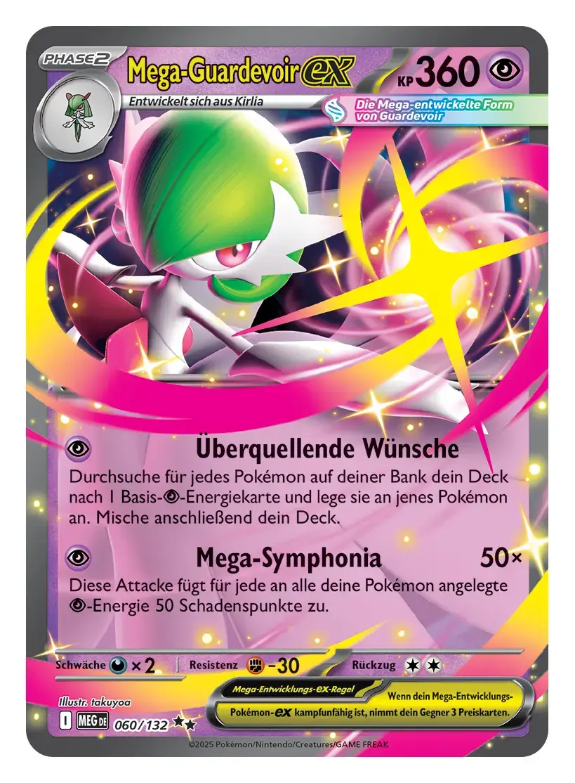 Mega-Guardevoir ex Karte Phase 2, 360 KP, Psycho-Typ mit Mega-Symphonia-Attacke in pink-gelbem Design