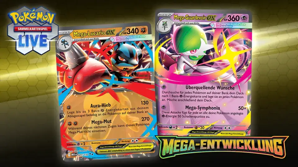 Pokémon TCG Live Kampfpass zeigt Mega-Lucario-ex und Mega-Guardevoir-ex Karten mit Mega-Entwicklung Logo