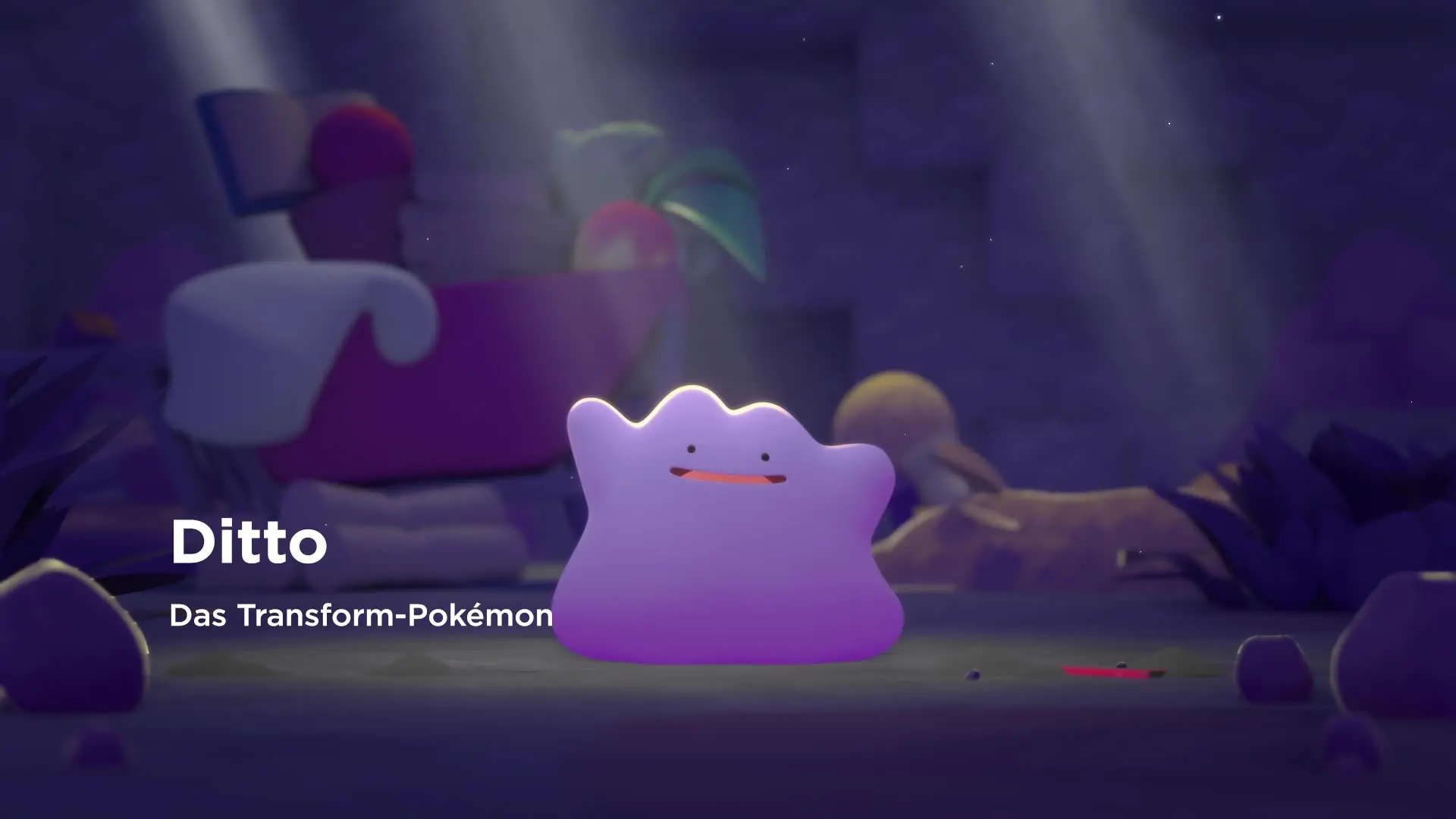 Ditto, das Transform-Pokémon, steht im Vordergrund vor unscharfen Pokémon im Hintergrund