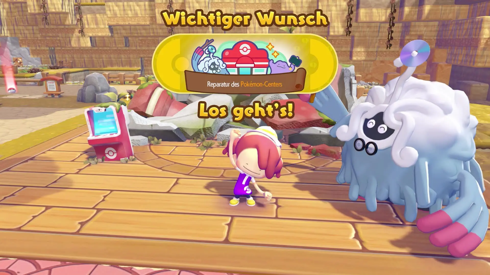 Spielszene: Ditto-Charakter erhält wichtigen Wunsch zur Reparatur des Pokémon-Centers, Wollcareless steht daneben