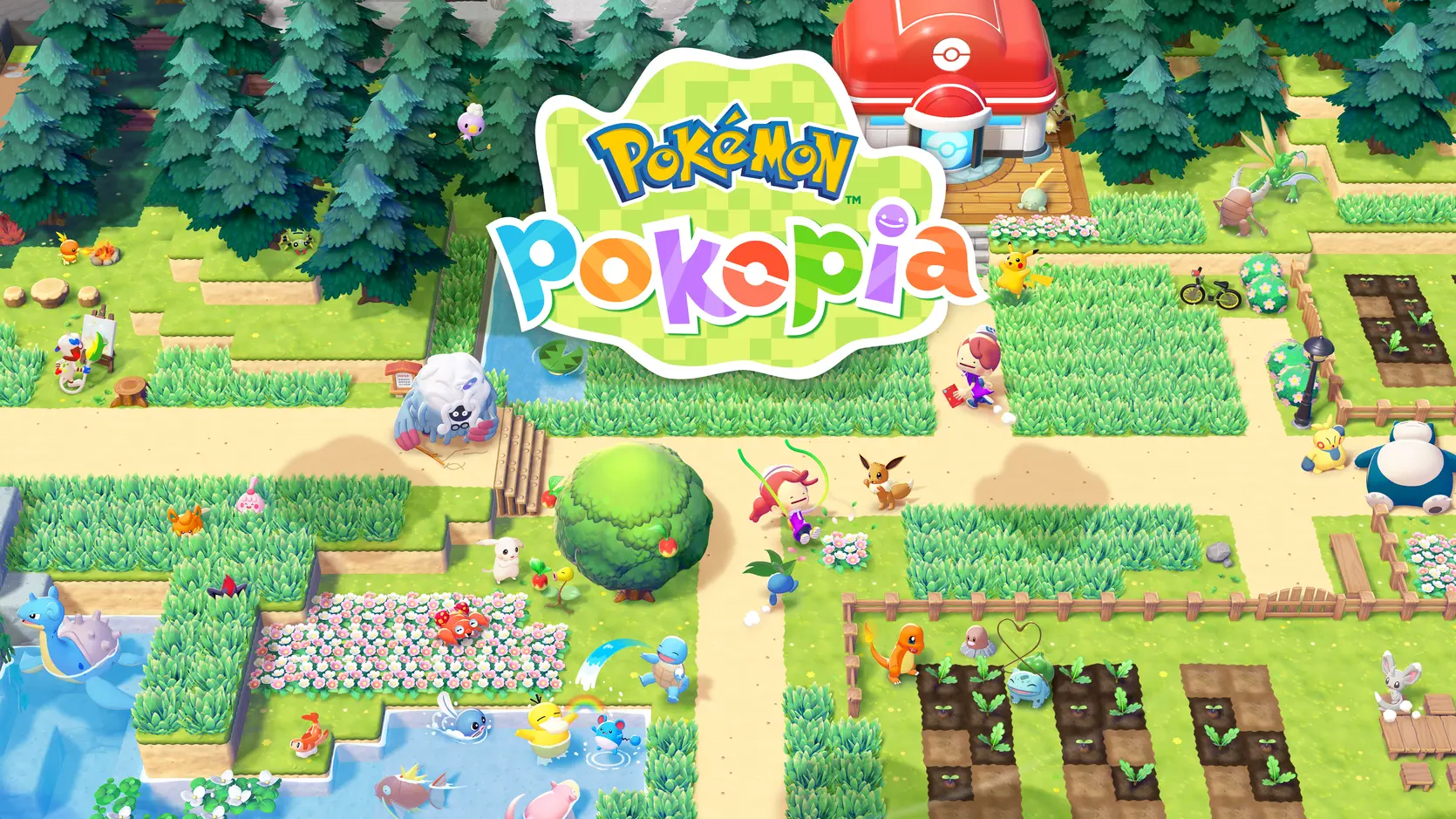 Pokémon Pokopia Logo über idyllischer Landschaft mit Pokémon, Gärten, Teich und Pokémon-Center
