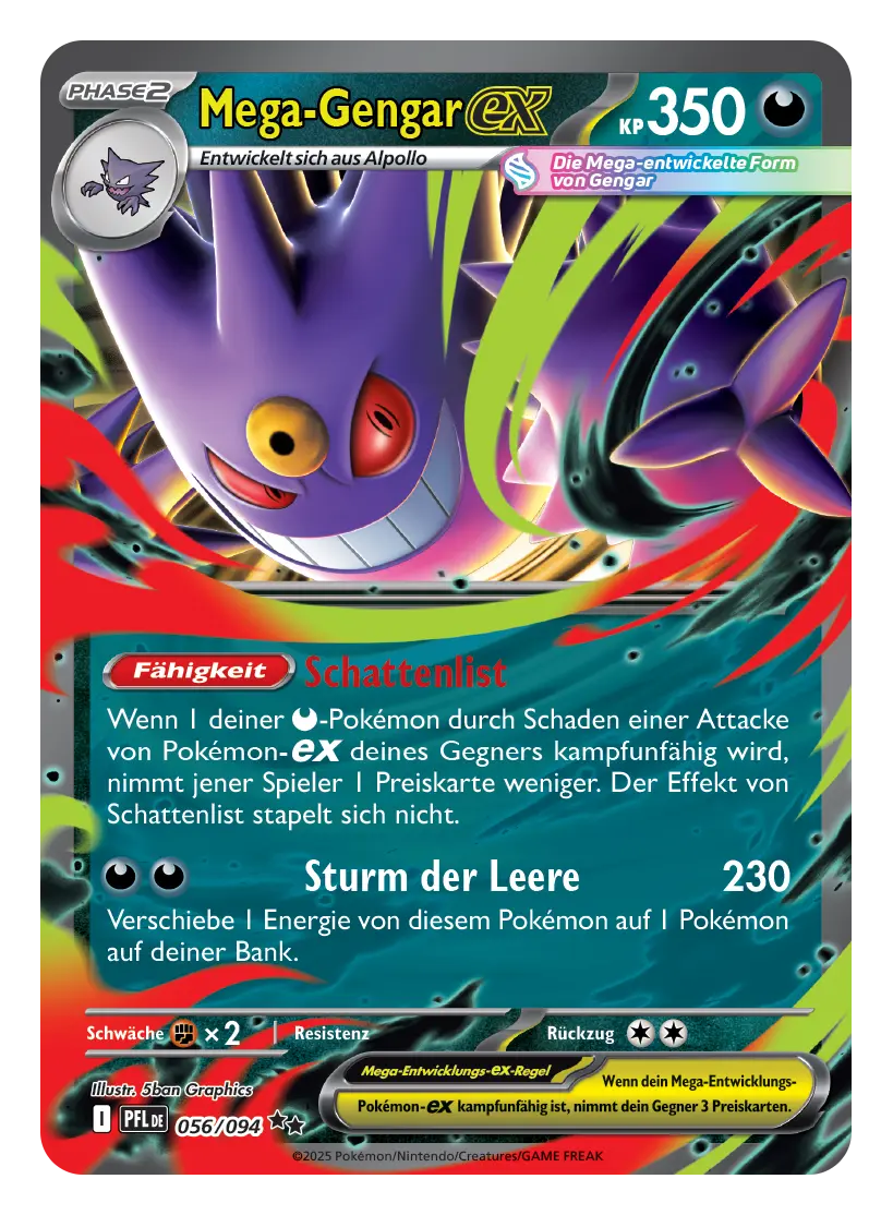 Mega-Gengar-ex Sammelkarte mit 350 KP, zeigt lila Geist-Pokémon mit Attacke Sturm der Leere für 230 Schaden
