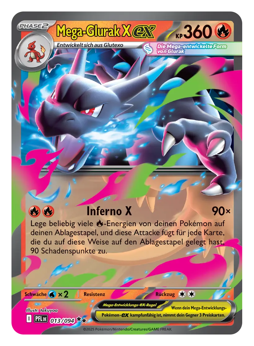 Mega-Glurak X-ex Sammelkarte mit 360 KP, zeigt dunkles Drachen-Pokémon mit Feuer-Attacke Inferno X für 90x