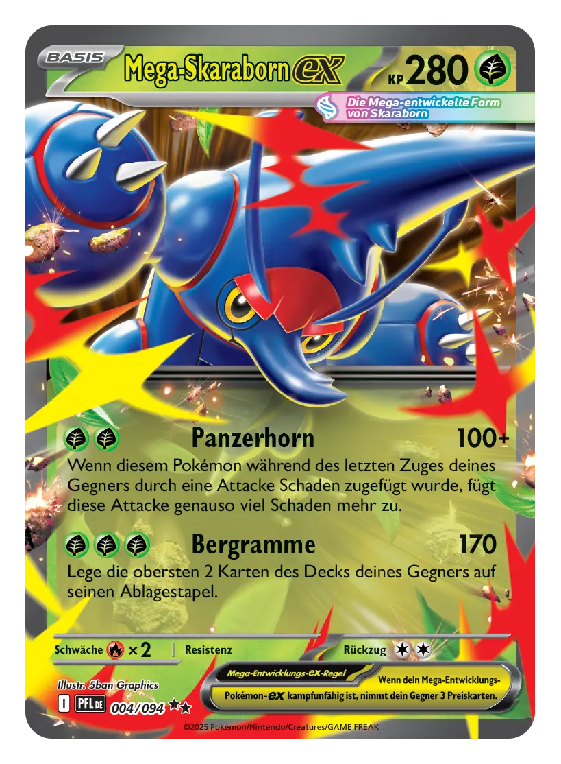 Mega-Skaraborn-ex Sammelkarte mit 280 KP, blaues Käfer-Pokémon mit Attacken Panzerhorn und Bergramme