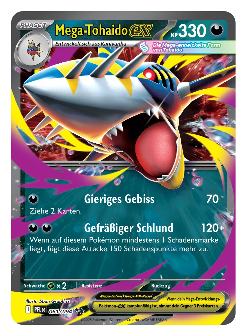 Mega-Tohaido-ex Sammelkarte mit 330 KP, Hai-Pokémon mit Attacken Gieriges Gebiss und Gefräßiger Schlund