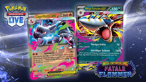 Pokémon TCG Live Kampfpass mit Mega-Glurak X-ex und Mega-Tohaido-ex Karten vor dem Fatale Flammen Logo