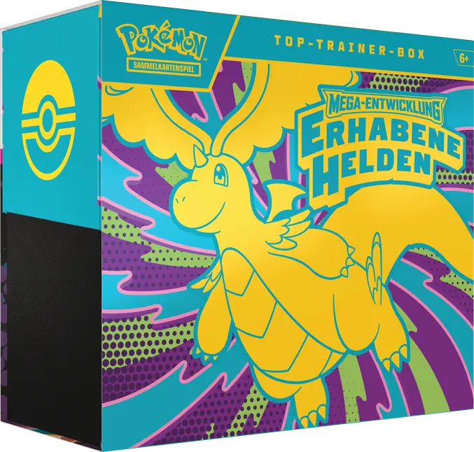 Pokémon Sammelkartenspiel Top-Trainer-Box Mega-Entwicklung Erhabene Helden in Türkis mit stilisiertem Mega-Dragoran-Motiv