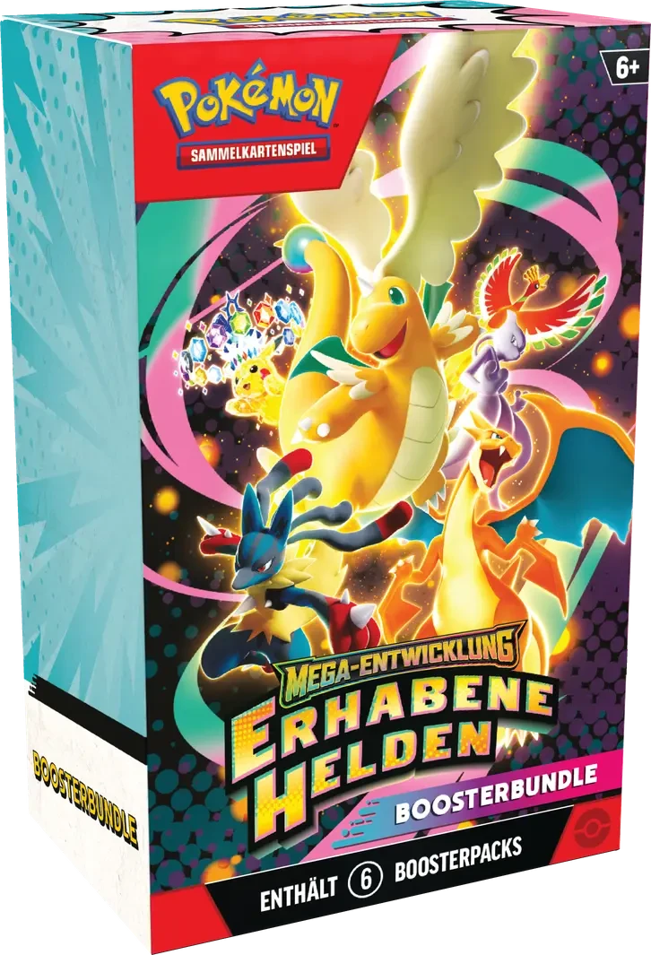 Pokémon Sammelkartenspiel Mega-Entwicklung Erhabene Helden Boosterbundle mit Mega-Dragoran, Mega-Glurak und Ho-Oh, enthält 6 Boosterpacks
