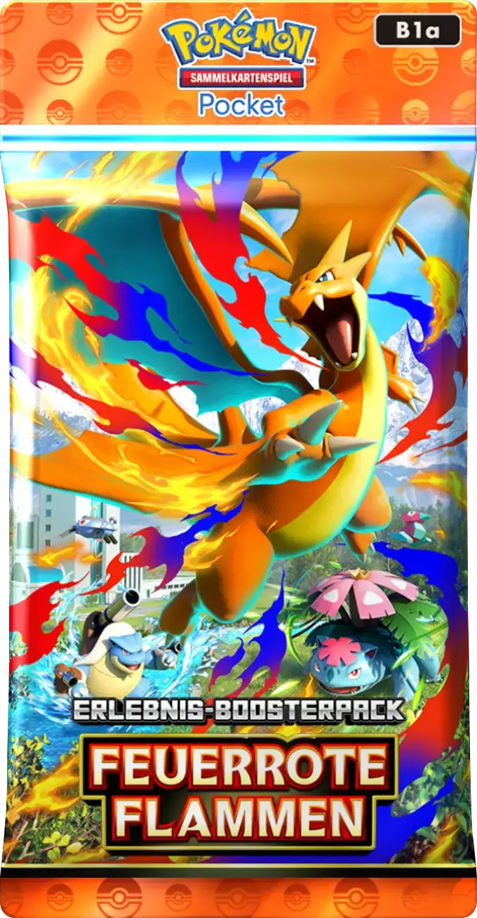Pokémon TCG Pocket Erlebnis-Boosterpack Feuerrote Flammen mit Mega-Glurak Y, Mega-Turtok und Mega-Bisaflor vor Pokémon-Labor, Serie B1a