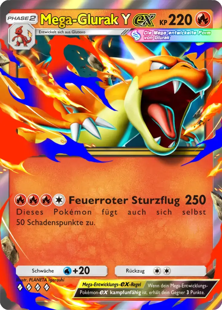 Pokémon-Sammelkarte Mega-Glurak Y-ex Phase 2 Feuer-Typ mit 220 KP, Attacke Feuerroter Sturzflug 250 Schaden, holografisch von PLANETA Igarashi