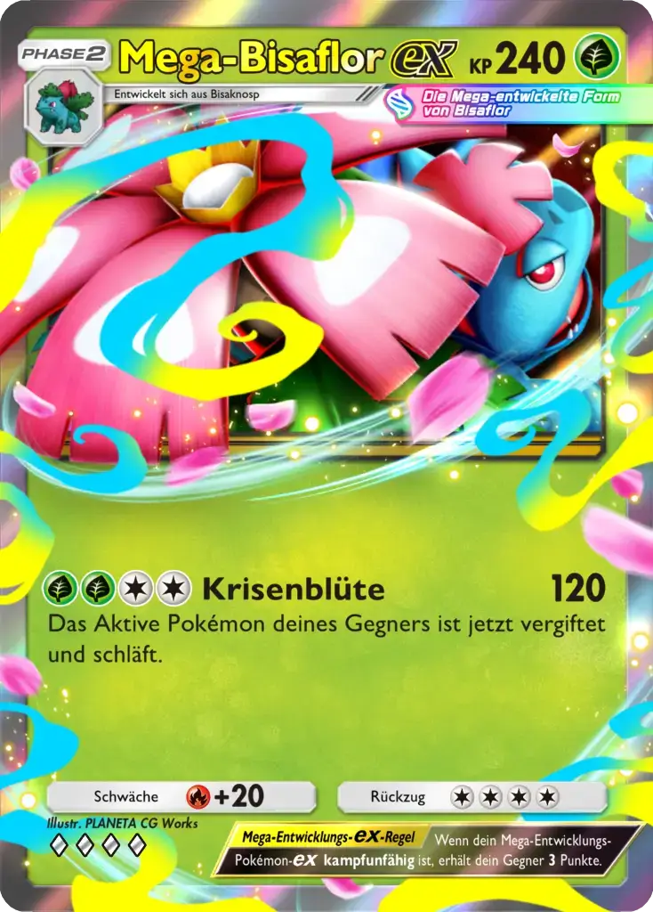 Pokémon-Sammelkarte Mega-Bisaflor-ex Phase 2 Pflanzen-Typ mit 240 KP, Attacke Krisenblüte 120 Schaden, holografische Karte von PLANETA CG Works