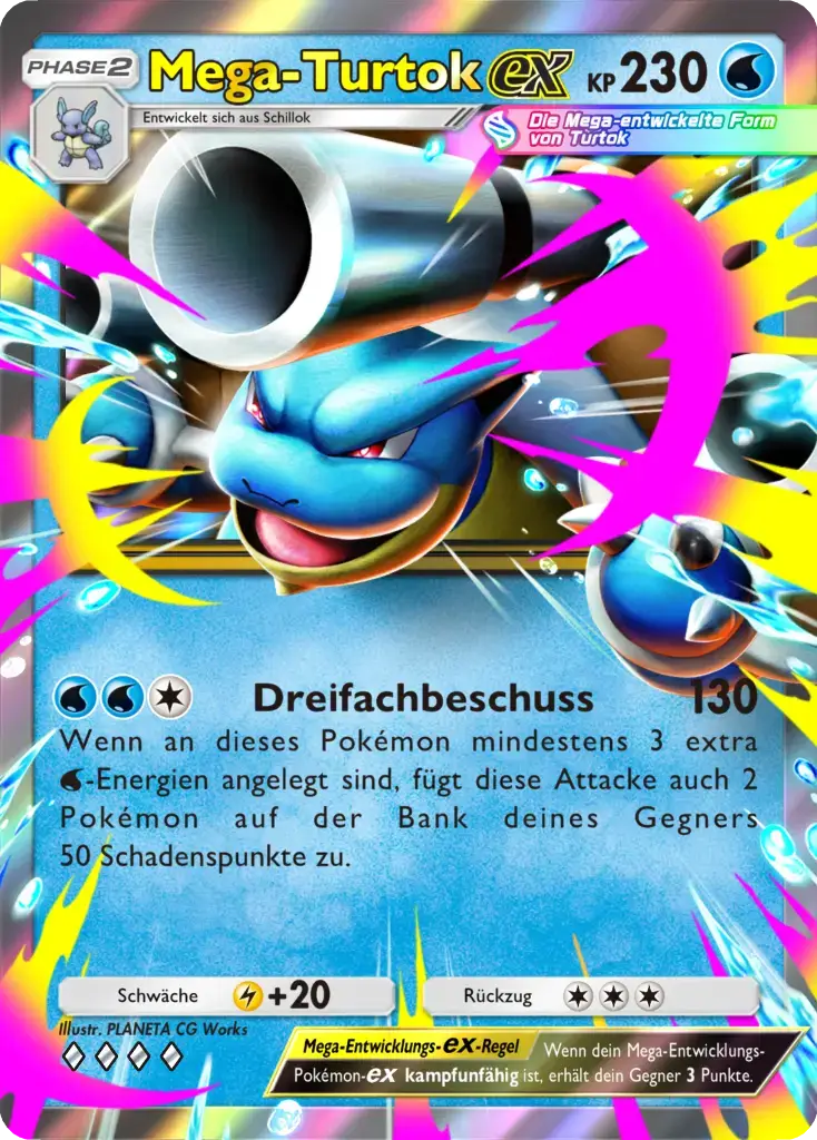 Pokémon-Sammelkarte Mega-Turtok-ex Phase 2 Wasser-Typ mit 230 KP, Attacke Dreifachbeschuss 130 Schaden, holografische Karte von PLANETA CG Works