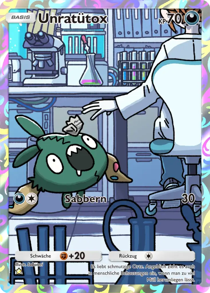 Pokémon-Sammelkarte Unratütox Basis-Unlicht-Typ mit 70 KP wird von Wissenschaftler im Labor untersucht, Attacke Sabbern 30 Schaden, illustriert von Saboreal