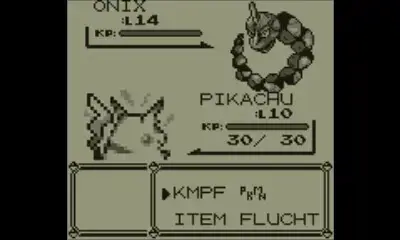 Pokémon Rot/Blau Kampfbildschirm: Pikachu gegen Onix, mit KP-Anzeigen und Kampfmenü