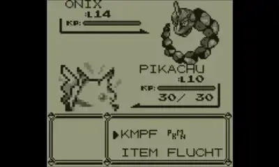 Pokémon Rot/Blau Kampfbildschirm: Pikachu gegen Onix, mit KP-Anzeigen und Kampfmenü