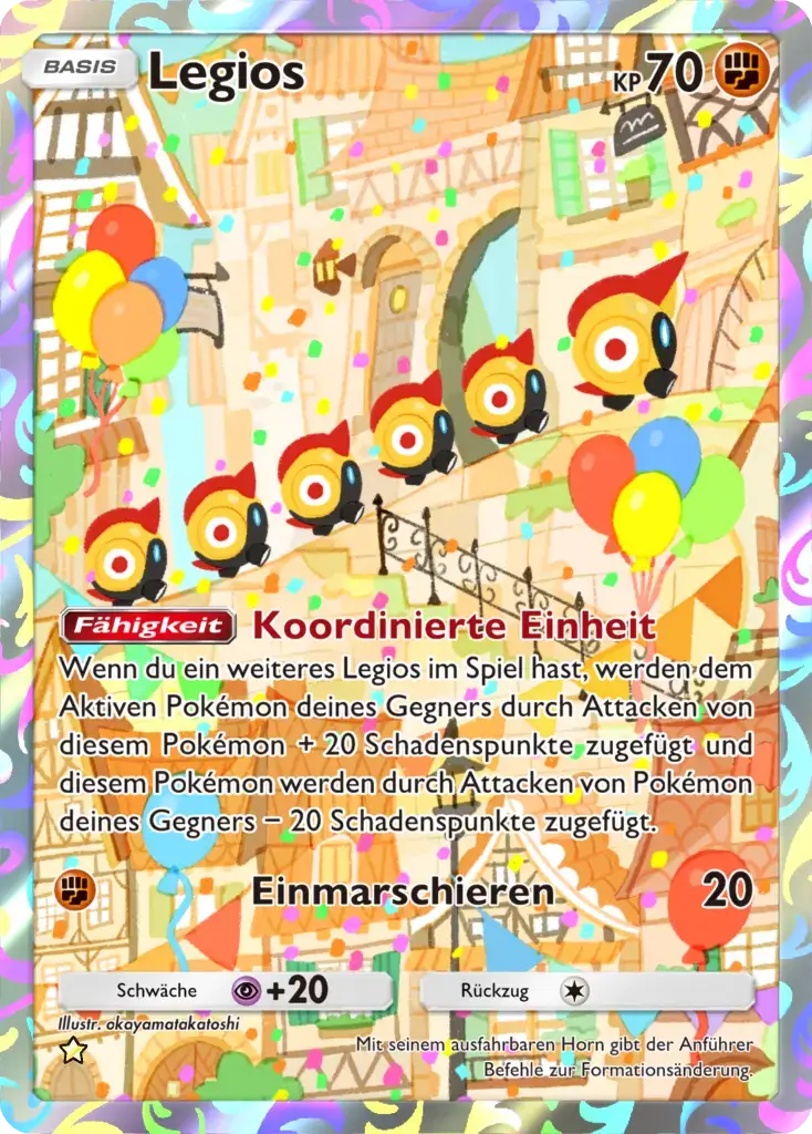 Pokémon-Karte Legios mit festlicher Parade-Illustration, 70 KP, Fähigkeit Koordinierte Einheit